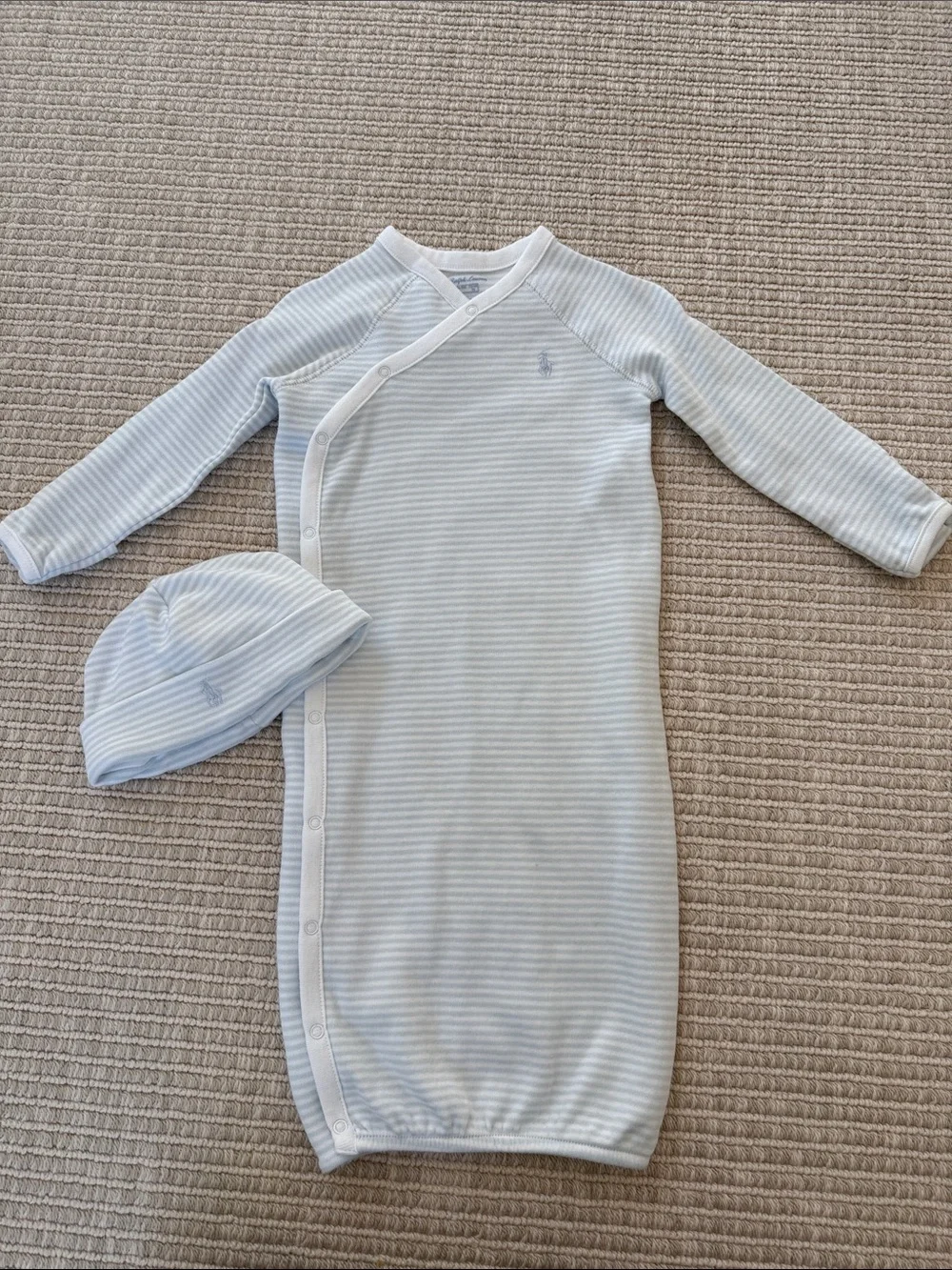 Ralph Lauren Baby Light Blue & White Striped Sleep Gown with Hat